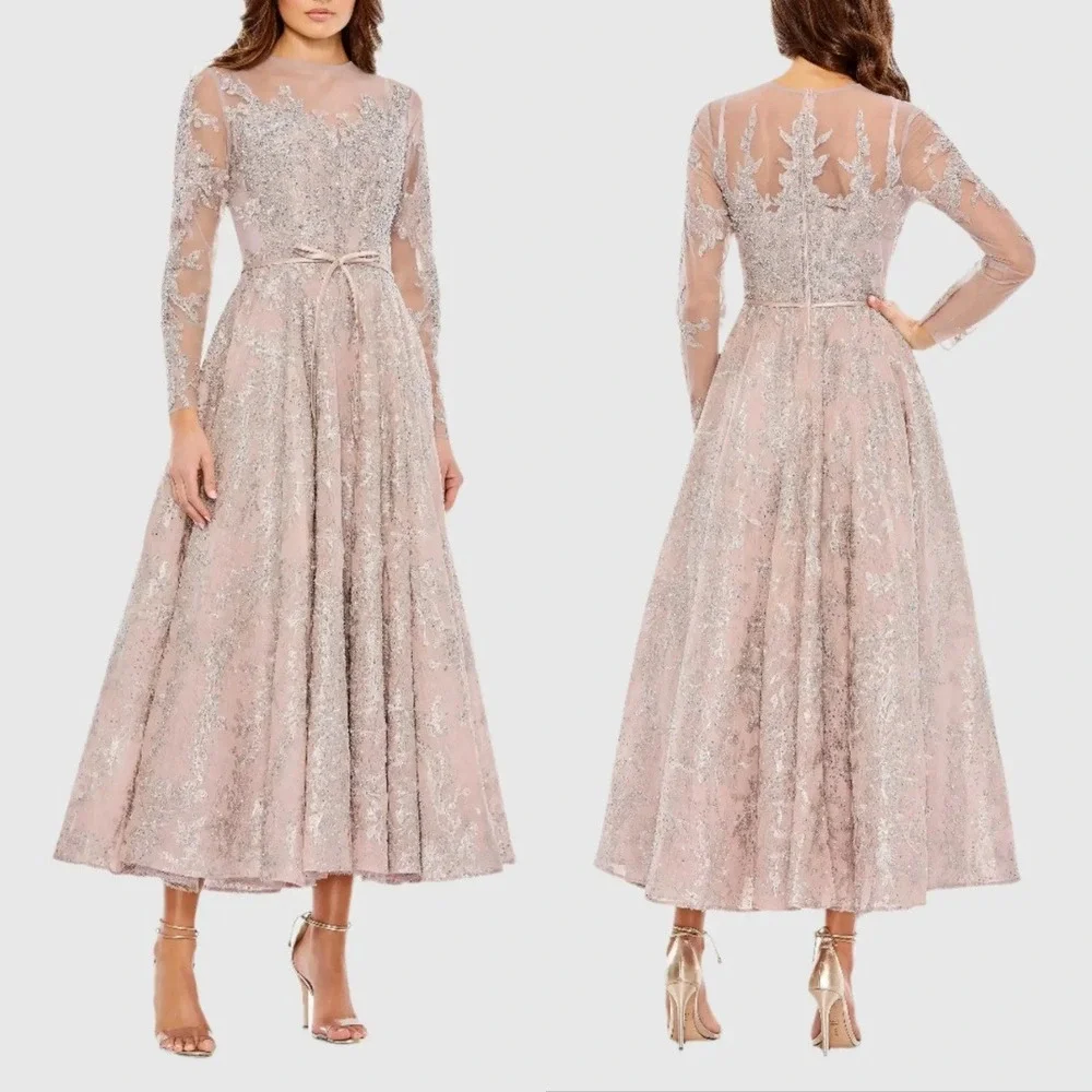Mac Duggal Size 16 Pink Silver‎ Long Sleeve High Neck A-Line Midi Bow Dress Gown